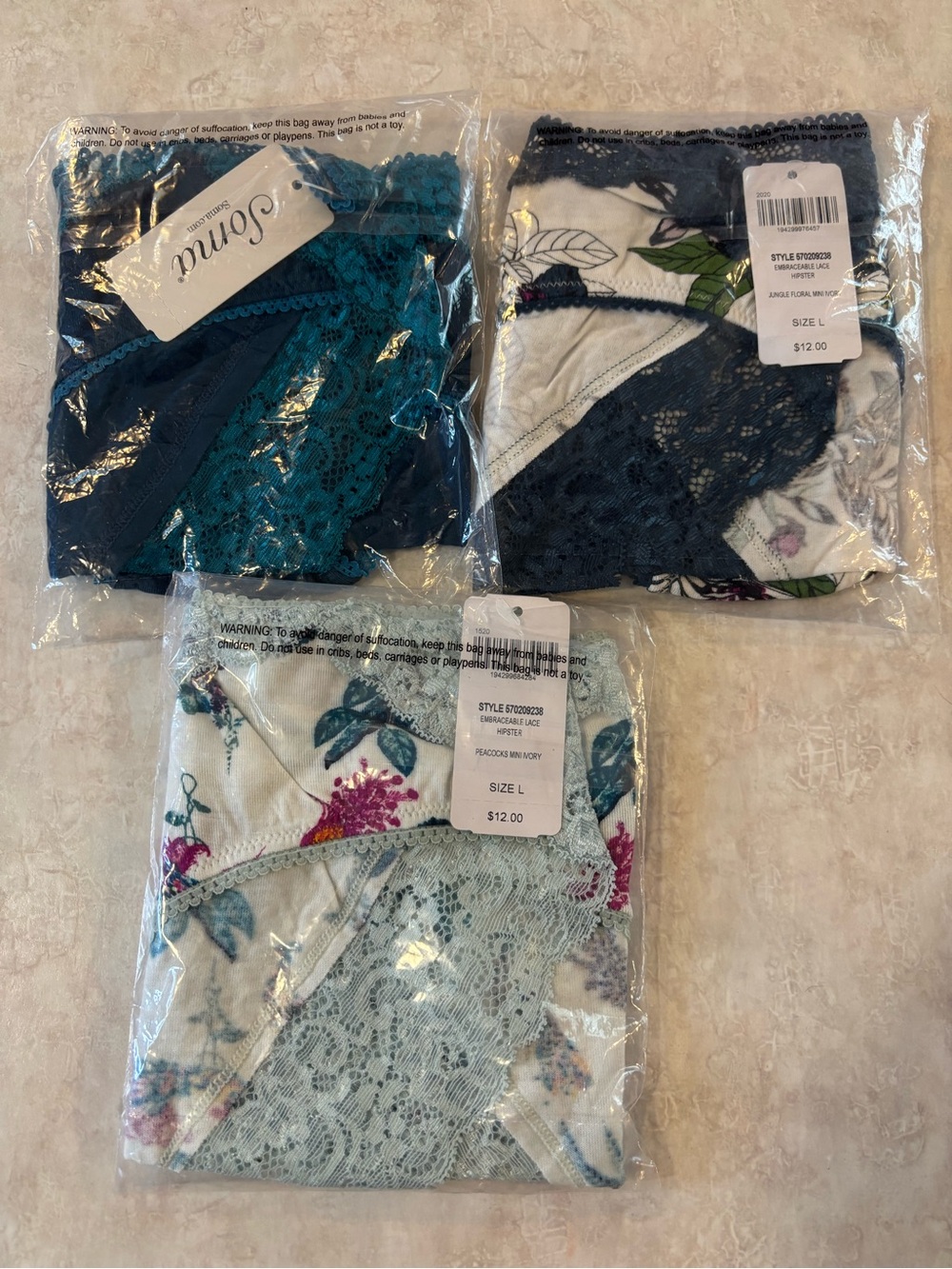 Soma ladies Lace-Trim Floral Hipster panties - Teal, Navy, Ivory (3-Pack) - Picture 2 of 5